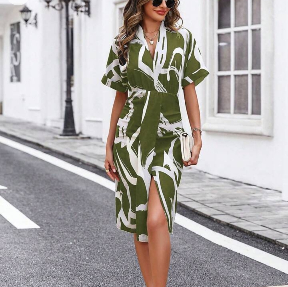 Shein Graphic Print, Batwing Sleeve, Ruched Front Dress